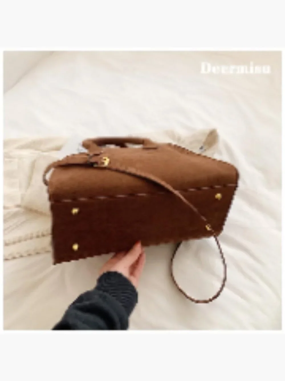 Faux Suede Tote Bag with Detachable Strap - Satchel Handbag